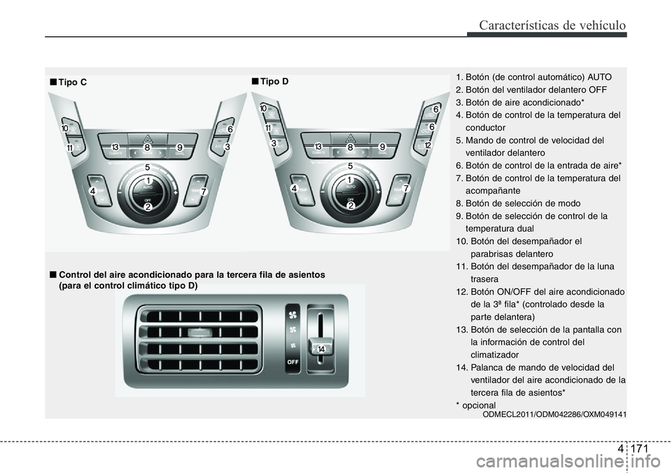 Hyundai Santa Fe 2015 Manual del propietario (in Spanish) 4 171
Características de vehículo
ODMECL2011/ODM042286/OXM049141
■■Tipo D
■Control del aire acondicionado para la tercera fila de asientos
(para el control clim Hyundai Santa Fe 2015 Manual del propietario (in Spanish) 4 171
Características de vehículo
ODMECL2011/ODM042286/OXM049141
■■Tipo D
■Control del aire acondicionado para la tercera fila de asientos
(para el control clim