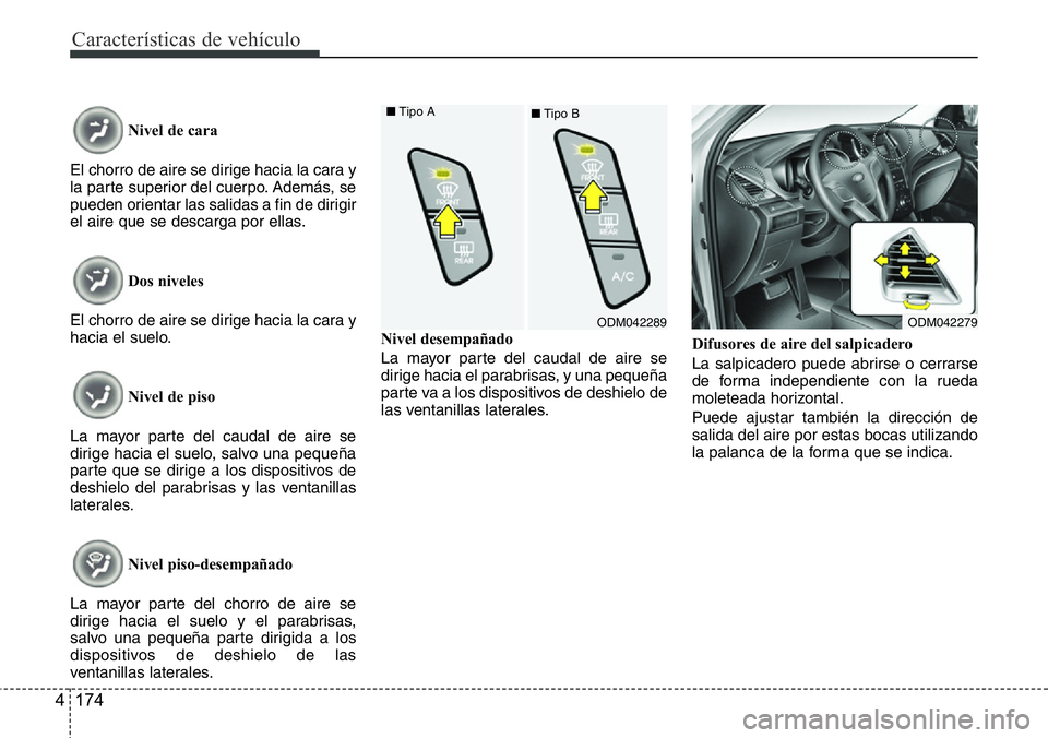 Hyundai Santa Fe 2015 Manual del propietario (in Spanish) CaracterÃsticas de vehÃculo
174 4
Nivel de cara
El chorro de aire se dirige hacia la cara y
la parte superior del cuerpo. Además, se
pueden orientar las salidas a fin de dirigir
el aire que se desc Hyundai Santa Fe 2015 Manual del propietario (in Spanish) CaracterÃsticas de vehÃculo
174 4
Nivel de cara
El chorro de aire se dirige hacia la cara y
la parte superior del cuerpo. Además, se
pueden orientar las salidas a fin de dirigir
el aire que se desc