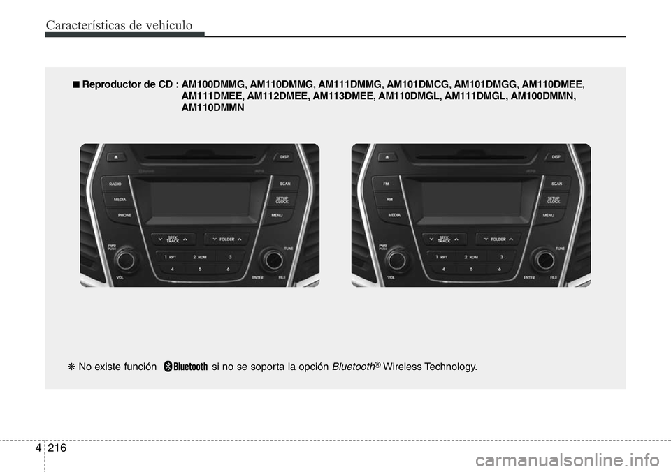 Hyundai Santa Fe 2015  Manual del propietario (in Spanish) Características de vehículo
216 4
■ Reproductor de CD : AM100DMMG, AM110DMMG, AM111DMMG, AM101DMCG, AM101DMGG, AM110DMEE,
AM111DMEE, AM112DMEE, AM113DMEE, AM110DMGL, AM111DMGL, AM100DMMN,
AM110DMM