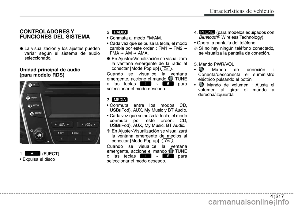Hyundai Santa Fe 2015 Manual del propietario (in Spanish) 4217
Características de vehículo
CONTROLADORES Y
FUNCIONES DEL SISTEMA
❈ La visualización y los ajustes pueden
variar según el sistema de audio
seleccionado.
Unidad principal de audio
(para mod Hyundai Santa Fe 2015 Manual del propietario (in Spanish) 4217
Características de vehículo
CONTROLADORES Y
FUNCIONES DEL SISTEMA
❈ La visualización y los ajustes pueden
variar según el sistema de audio
seleccionado.
Unidad principal de audio
(para mod