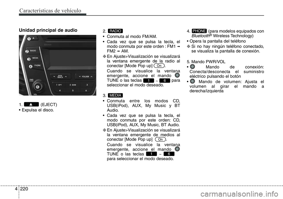 Hyundai Santa Fe 2015  Manual del propietario (in Spanish) Características de vehículo
220 4
Unidad principal de audio
1. (EJECT)
• Expulsa el disco.2.
• Conmuta al modo FM/AM.
• Cada vez que se pulsa la tecla, el
modo conmuta por este orden : FM1 
�