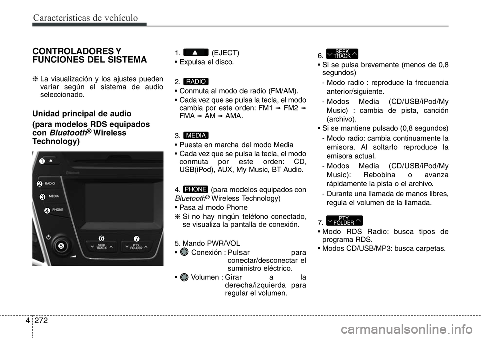 Hyundai Santa Fe 2015 Manual del propietario (in Spanish) Características de vehículo
272 4
CONTROLADORES Y
FUNCIONES DEL SISTEMA
❈ La visualización y los ajustes pueden
variar según el sistema de audio
seleccionado.
Unidad principal de audio
(para mo Hyundai Santa Fe 2015 Manual del propietario (in Spanish) Características de vehículo
272 4
CONTROLADORES Y
FUNCIONES DEL SISTEMA
❈ La visualización y los ajustes pueden
variar según el sistema de audio
seleccionado.
Unidad principal de audio
(para mo