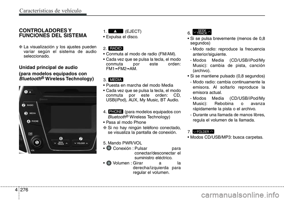 Hyundai Santa Fe 2015 Manual del propietario (in Spanish) Características de vehículo
276 4
CONTROLADORES Y
FUNCIONES DEL SISTEMA
❈ La visualización y los ajustes pueden
variar según el sistema de audio
seleccionado.
Unidad principal de audio
(para mo Hyundai Santa Fe 2015 Manual del propietario (in Spanish) Características de vehículo
276 4
CONTROLADORES Y
FUNCIONES DEL SISTEMA
❈ La visualización y los ajustes pueden
variar según el sistema de audio
seleccionado.
Unidad principal de audio
(para mo