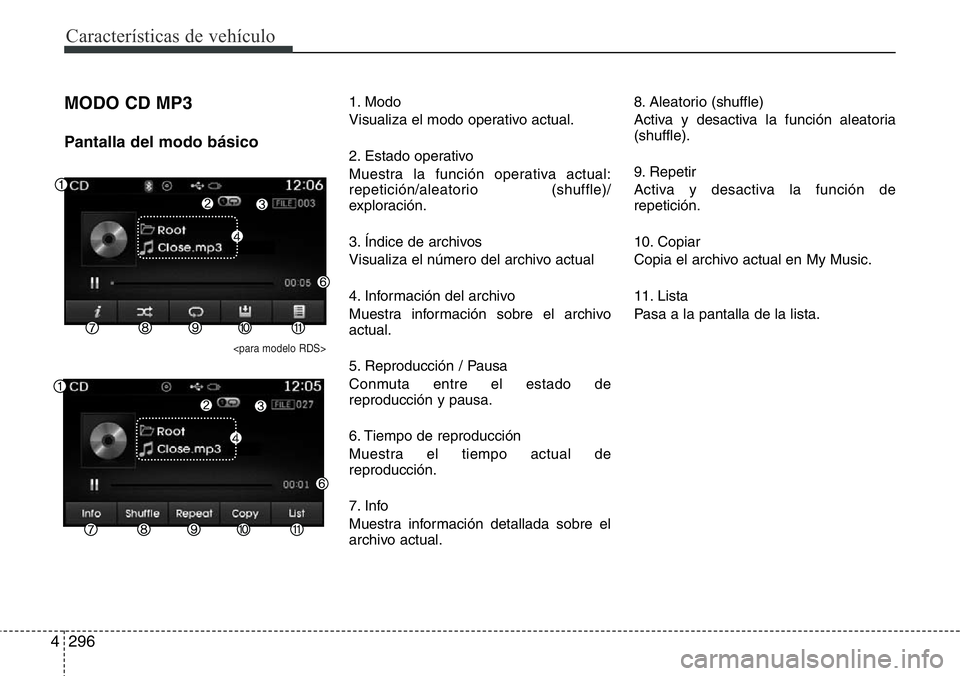 Hyundai Santa Fe 2015  Manual del propietario (in Spanish) Características de vehículo
296 4
MODO CD MP3
Pantalla del modo básico
<para modelo RDS>
1. Modo
Visualiza el modo operativo actual.
2. Estado operativo
Muestra la función operativa actual:
repeti