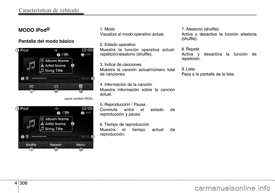 Hyundai Santa Fe 2015  Manual del propietario (in Spanish) Características de vehículo
308 4
MODO iPod®
Pantalla del modo básico
<para modelo RDS>
1. Modo
Visualiza el modo operativo actual.
2. Estado operativo
Muestra la función operativa actual:
repeti