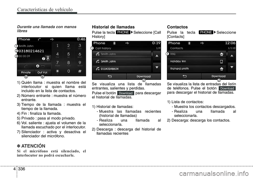 Hyundai Santa Fe 2015 Manual del propietario (in Spanish) Características de vehículo
336 4
Durante una llamada con manos
libres
1) Quién llama : muestra el nombre del
interlocutor si quien llama está
incluido en la lista de contactos.
2) Número entrant Hyundai Santa Fe 2015 Manual del propietario (in Spanish) Características de vehículo
336 4
Durante una llamada con manos
libres
1) Quién llama : muestra el nombre del
interlocutor si quien llama está
incluido en la lista de contactos.
2) Número entrant