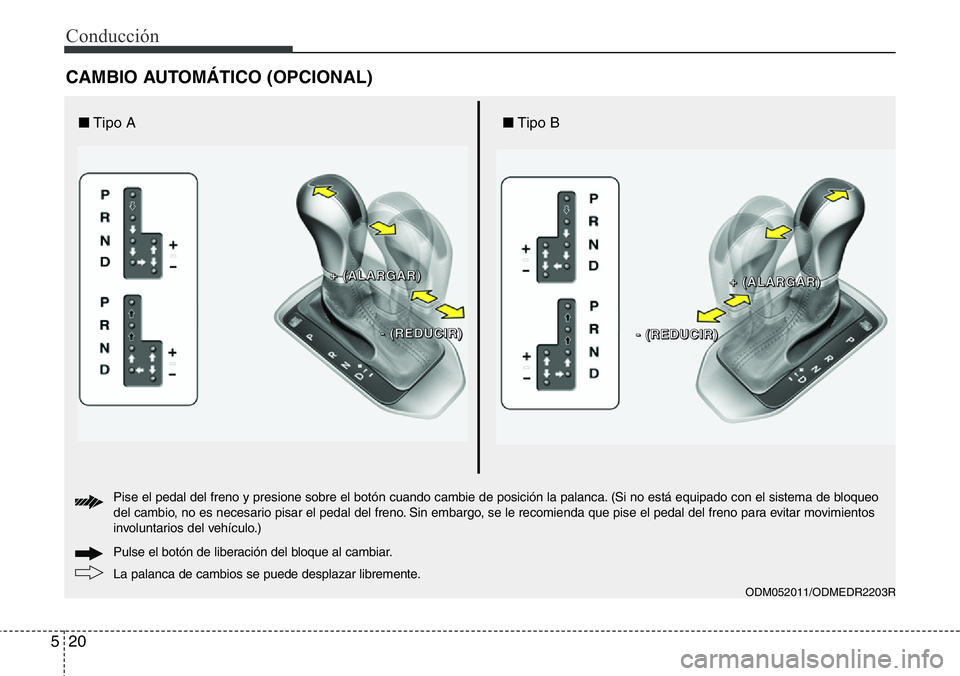 Hyundai Santa Fe 2015  Manual del propietario (in Spanish) Conducción
20 5
CAMBIO AUTOMÁTICO (OPCIONAL)
ODM052011/ODMEDR2203R
La palanca de cambios se puede desplazar libremente. Pulse el botón de liberación del bloque al cambiar. Pise el pedal del freno 
