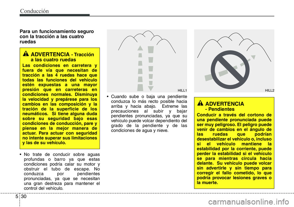 Hyundai Santa Fe 2015  Manual del propietario (in Spanish) Conducción
30 5
Para un funcionamiento seguro
con la tracción a las cuatro
ruedas
• No trate de conducir sobre aguas
profundas o barro ya que estas
condiciones podría calar su motor y
obstruir el