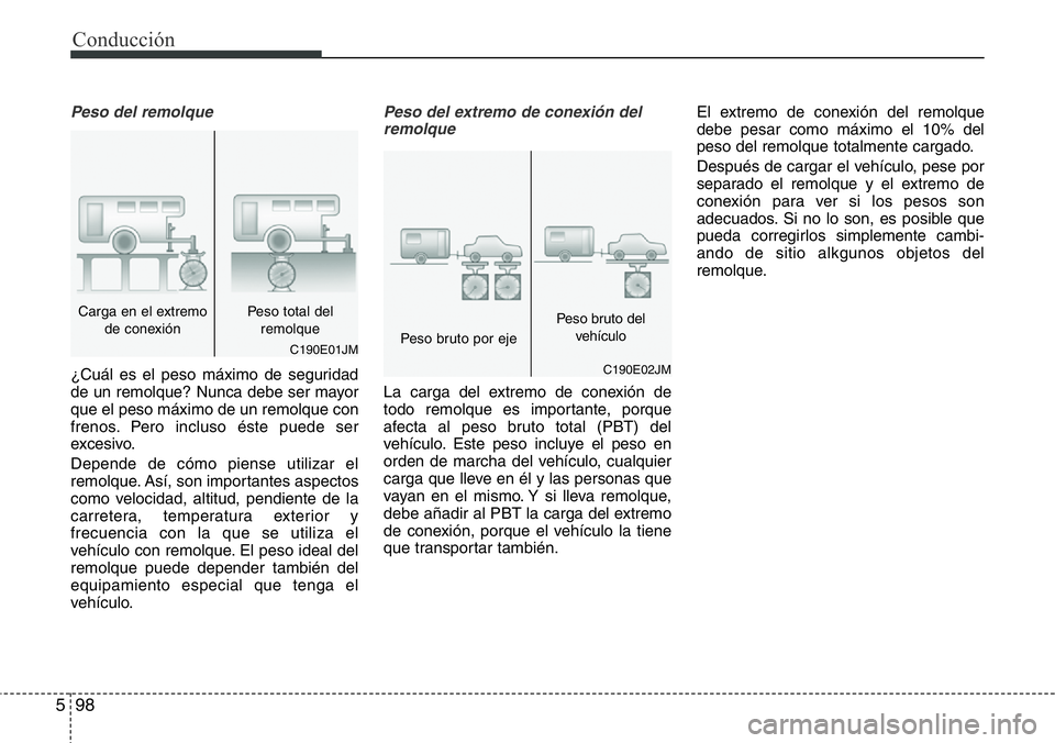 Hyundai Santa Fe 2015 Manual del propietario (in Spanish) Conducción
98 5
Peso del remolque
¿Cuál es el peso máximo de seguridad
de un remolque? Nunca debe ser mayor
que el peso máximo de un remolque con
frenos. Pero incluso éste puede ser
excesivo.
De Hyundai Santa Fe 2015 Manual del propietario (in Spanish) Conducción
98 5
Peso del remolque
¿Cuál es el peso máximo de seguridad
de un remolque? Nunca debe ser mayor
que el peso máximo de un remolque con
frenos. Pero incluso éste puede ser
excesivo.
De
