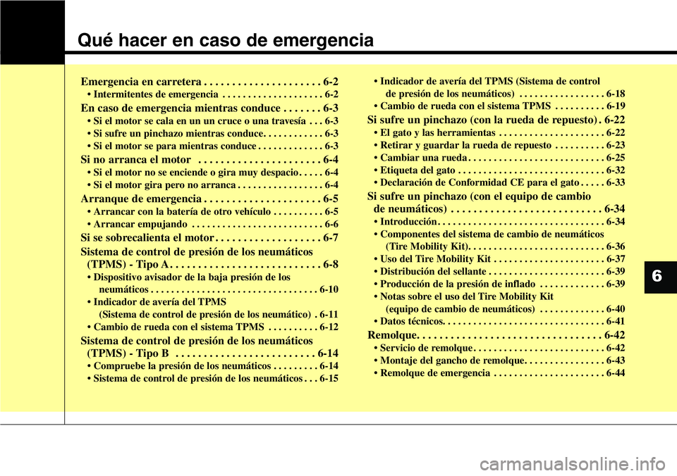 Hyundai Santa Fe 2015  Manual del propietario (in Spanish) Qué hacer en caso de emergencia
Emergencia en carretera . . . . . . . . . . . . . . . . . . . . . 6-2
• Intermitentes de emergencia . . . . . . . . . . . . . . . . . . . . 6-2
En caso de emergencia