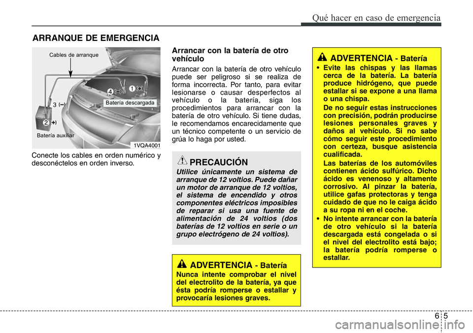Hyundai Santa Fe 2015 Manual del propietario (in Spanish) 65
Qué hacer en caso de emergencia
ARRANQUE DE EMERGENCIA
Conecte los cables en orden numérico y
desconéctelos en orden inverso.
Arrancar con la batería de otro
vehículo
Arrancar con la batería Hyundai Santa Fe 2015 Manual del propietario (in Spanish) 65
Qué hacer en caso de emergencia
ARRANQUE DE EMERGENCIA
Conecte los cables en orden numérico y
desconéctelos en orden inverso.
Arrancar con la batería de otro
vehículo
Arrancar con la batería