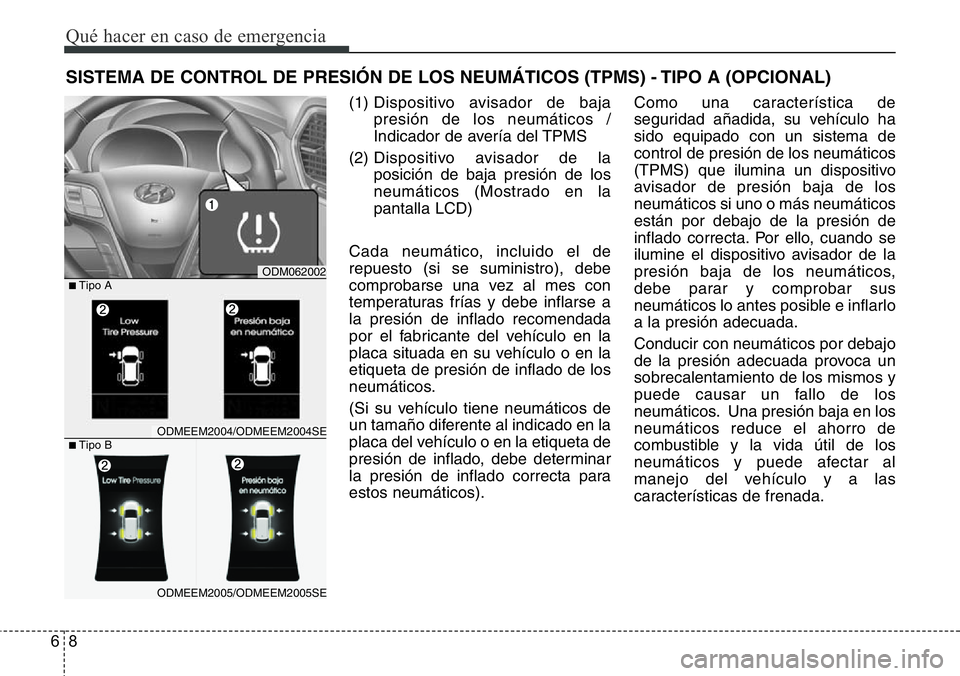 Hyundai Santa Fe 2015 Manual del propietario (in Spanish) Qué hacer en caso de emergencia
8 6
SISTEMA DE CONTROL DE PRESIÓN DE LOS NEUMÁTICOS (TPMS) - TIPO A (OPCIONAL)
(1) Dispositivo avisador de baja
presión de los neumáticos /
Indicador de avería d Hyundai Santa Fe 2015 Manual del propietario (in Spanish) Qué hacer en caso de emergencia
8 6
SISTEMA DE CONTROL DE PRESIÓN DE LOS NEUMÁTICOS (TPMS) - TIPO A (OPCIONAL)
(1) Dispositivo avisador de baja
presión de los neumáticos /
Indicador de avería d