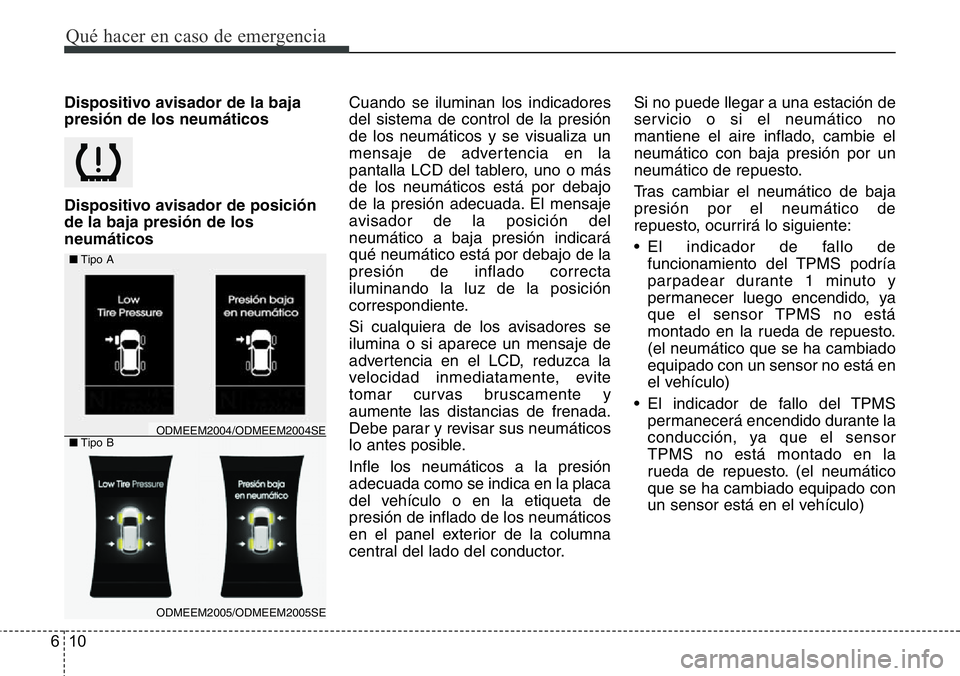 Hyundai Santa Fe 2015 Manual del propietario (in Spanish) Qué hacer en caso de emergencia
10 6
Dispositivo avisador de la baja
presión de los neumáticos
Dispositivo avisador de posición
de la baja presión de los
neumáticosCuando se iluminan los indicad Hyundai Santa Fe 2015 Manual del propietario (in Spanish) Qué hacer en caso de emergencia
10 6
Dispositivo avisador de la baja
presión de los neumáticos
Dispositivo avisador de posición
de la baja presión de los
neumáticosCuando se iluminan los indicad