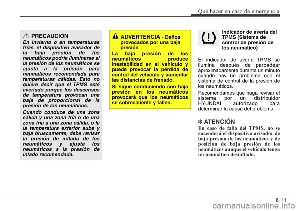 Hyundai Santa Fe 2015 Manual del propietario (in Spanish) 611
Qué hacer en caso de emergencia
Indicador de avería del
TPMS (Sistema de
control de presión de
los neumático)
El indicador de avería TPMS se
ilumina después de parpadear
aproximadamente dura Hyundai Santa Fe 2015 Manual del propietario (in Spanish) 611
Qué hacer en caso de emergencia
Indicador de avería del
TPMS (Sistema de
control de presión de
los neumático)
El indicador de avería TPMS se
ilumina después de parpadear
aproximadamente dura