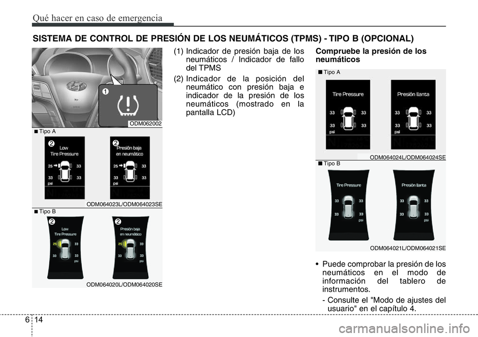 Hyundai Santa Fe 2015 Manual del propietario (in Spanish) Qué hacer en caso de emergencia
14 6
SISTEMA DE CONTROL DE PRESIÓN DE LOS NEUMÁTICOS (TPMS) - TIPO B (OPCIONAL)
(1) Indicador de presión baja de los
neumáticos / Indicador de fallo
del TPMS
(2) Hyundai Santa Fe 2015 Manual del propietario (in Spanish) Qué hacer en caso de emergencia
14 6
SISTEMA DE CONTROL DE PRESIÓN DE LOS NEUMÁTICOS (TPMS) - TIPO B (OPCIONAL)
(1) Indicador de presión baja de los
neumáticos / Indicador de fallo
del TPMS
(2)