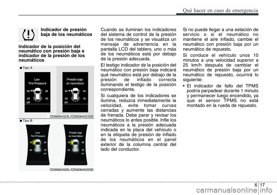 Hyundai Santa Fe 2015 Manual del propietario (in Spanish) 617
Qué hacer en caso de emergencia
Indicador de presión
baja de los neumáticos
Indicador de la posición del
neumático con presión baja e
indicador de la presión de los
neumáticosCuando se ilu Hyundai Santa Fe 2015 Manual del propietario (in Spanish) 617
Qué hacer en caso de emergencia
Indicador de presión
baja de los neumáticos
Indicador de la posición del
neumático con presión baja e
indicador de la presión de los
neumáticosCuando se ilu