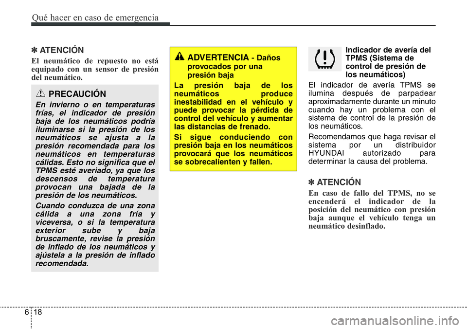 Hyundai Santa Fe 2015 Manual del propietario (in Spanish) Qué hacer en caso de emergencia
18 6
✽ATENCIÓN
El neumático de repuesto no está
equipado con un sensor de presión
del neumático.
Indicador de avería del
TPMS (Sistema de
control de presió Hyundai Santa Fe 2015 Manual del propietario (in Spanish) Qué hacer en caso de emergencia
18 6
✽ATENCIÓN
El neumático de repuesto no está
equipado con un sensor de presión
del neumático.
Indicador de avería del
TPMS (Sistema de
control de presió