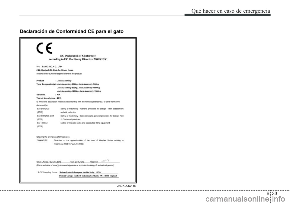 Hyundai Santa Fe 2015 Manual del propietario (in Spanish) 633
Qué hacer en caso de emergencia
Declaración de Conformidad CE para el gato
JACKDOC14S Hyundai Santa Fe 2015 Manual del propietario (in Spanish) 633
Qué hacer en caso de emergencia
Declaración de Conformidad CE para el gato
JACKDOC14S