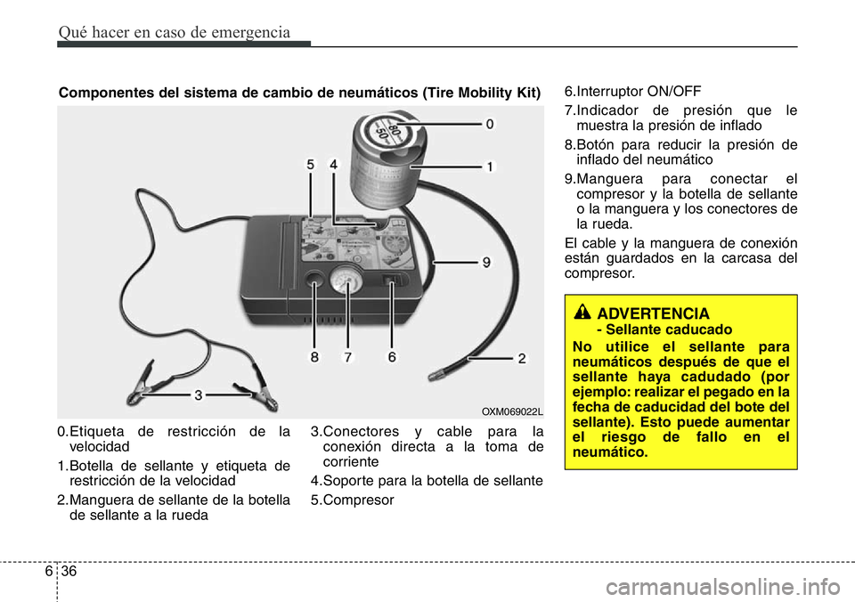 Hyundai Santa Fe 2015 Manual del propietario (in Spanish) Qué hacer en caso de emergencia
36 6
0.Etiqueta de restricción de la
velocidad
1.Botella de sellante y etiqueta de
restricción de la velocidad
2.Manguera de sellante de la botella
de sellante a la Hyundai Santa Fe 2015 Manual del propietario (in Spanish) Qué hacer en caso de emergencia
36 6
0.Etiqueta de restricción de la
velocidad
1.Botella de sellante y etiqueta de
restricción de la velocidad
2.Manguera de sellante de la botella
de sellante a la