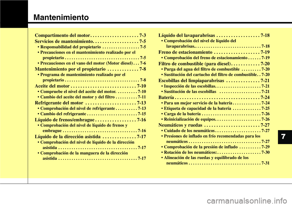 Hyundai Santa Fe 2015 Manual del propietario (in Spanish) Mantenimiento
7
Compartimento del motor . . . . . . . . . . . . . . . . . . . . 7-3
Servicios de mantenimiento. . . . . . . . . . . . . . . . . . . 7-5
• Responsabilidad del propietario . . . . . . Hyundai Santa Fe 2015 Manual del propietario (in Spanish) Mantenimiento
7
Compartimento del motor . . . . . . . . . . . . . . . . . . . . 7-3
Servicios de mantenimiento. . . . . . . . . . . . . . . . . . . 7-5
• Responsabilidad del propietario . . . . . .