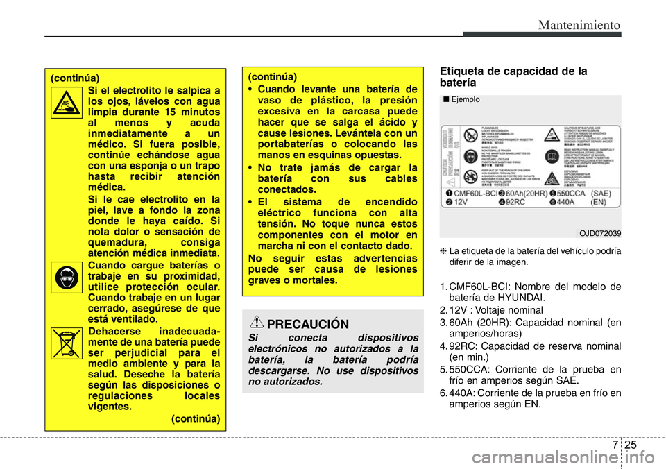 Hyundai Santa Fe 2015 Manual del propietario (in Spanish) 725
Mantenimiento
Etiqueta de capacidad de la
batería
❈La etiqueta de la batería del vehículo podría
diferir de la imagen.
1. CMF60L-BCI: Nombre del modelo de
batería de HYUNDAI.
2. 12V : Volta Hyundai Santa Fe 2015 Manual del propietario (in Spanish) 725
Mantenimiento
Etiqueta de capacidad de la
batería
❈La etiqueta de la batería del vehículo podría
diferir de la imagen.
1. CMF60L-BCI: Nombre del modelo de
batería de HYUNDAI.
2. 12V : Volta