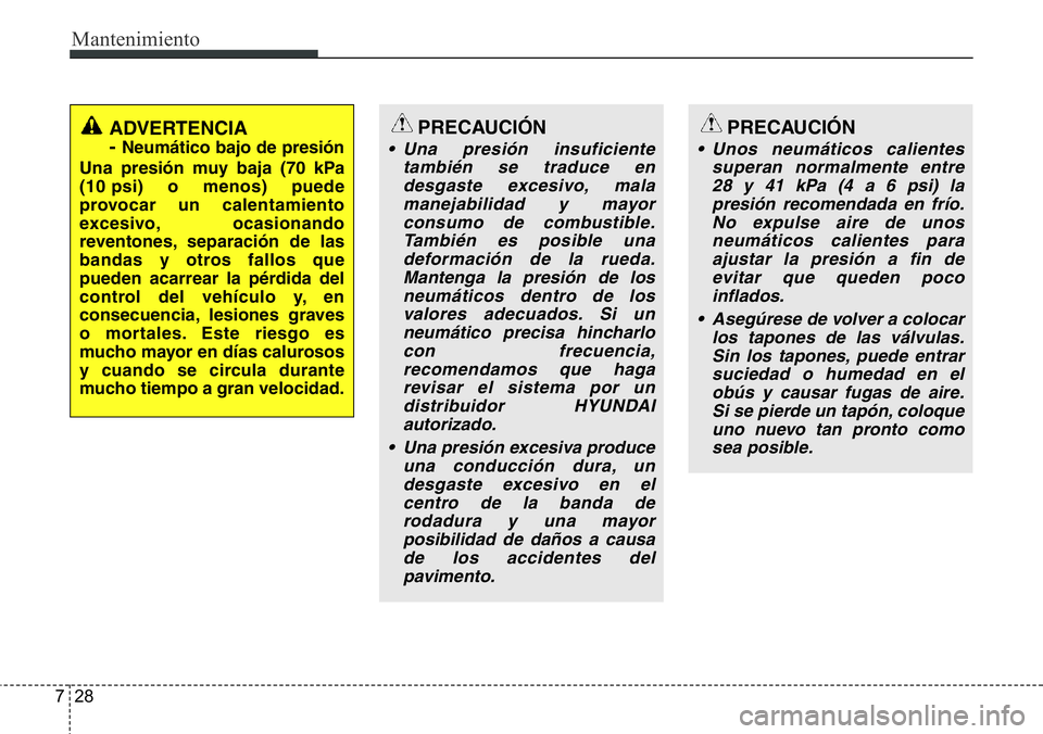 Hyundai Santa Fe 2015 Manual del propietario (in Spanish) Mantenimiento
28 7
ADVERTENCIA
-
Neumático bajo de presión
Una presión muy baja (70 kPa
(10 psi) o menos) puede
provocar un calentamiento
excesivo, ocasionando
reventones, separación de las
band Hyundai Santa Fe 2015 Manual del propietario (in Spanish) Mantenimiento
28 7
ADVERTENCIA
-
Neumático bajo de presión
Una presión muy baja (70 kPa
(10 psi) o menos) puede
provocar un calentamiento
excesivo, ocasionando
reventones, separación de las
band