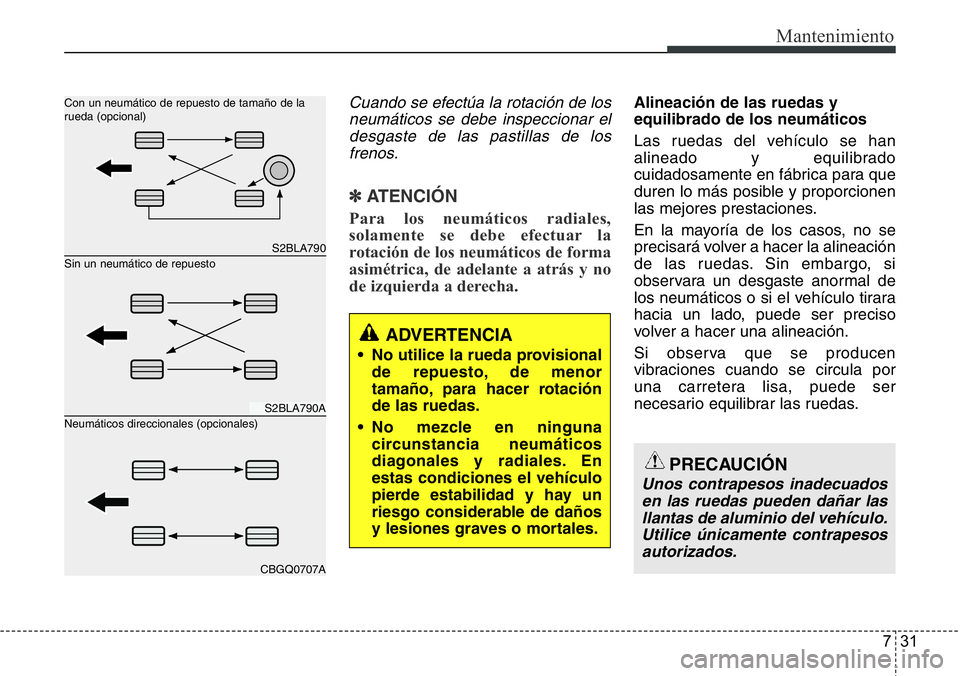 Hyundai Santa Fe 2015 Manual del propietario (in Spanish) 731
Mantenimiento
Cuando se efectúa la rotación de los
neumáticos se debe inspeccionar el
desgaste de las pastillas de los
frenos.
✽ ATENCIÓN
Para los neumáticos radiales,
solamente se debe efe Hyundai Santa Fe 2015 Manual del propietario (in Spanish) 731
Mantenimiento
Cuando se efectúa la rotación de los
neumáticos se debe inspeccionar el
desgaste de las pastillas de los
frenos.
✽ ATENCIÓN
Para los neumáticos radiales,
solamente se debe efe