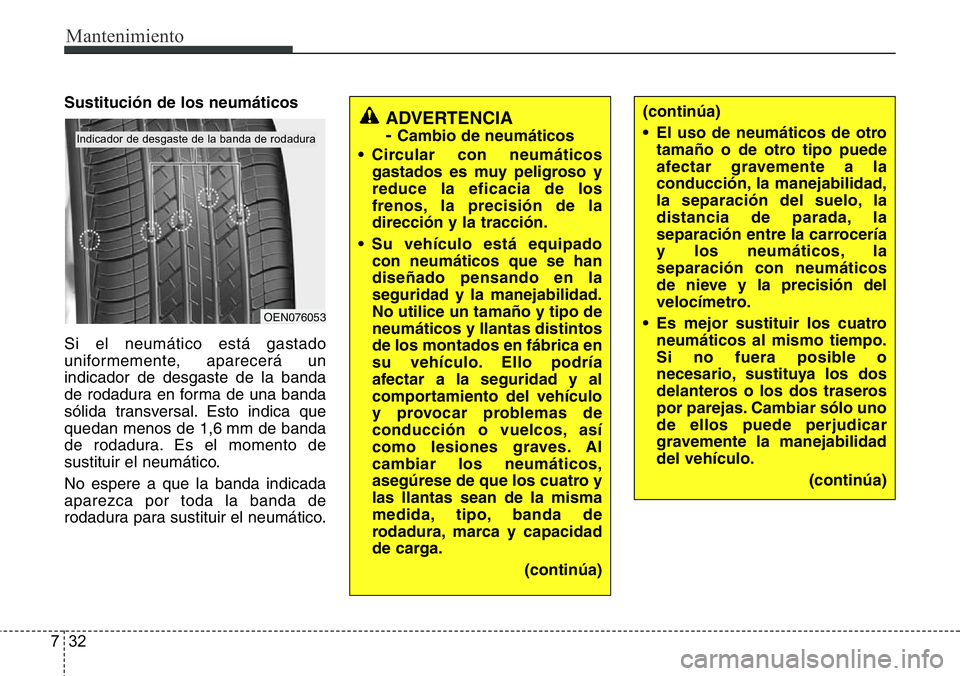 Hyundai Santa Fe 2015 Manual del propietario (in Spanish) Mantenimiento
32 7
Sustitución de los neumáticos
Si el neumático está gastado
uniformemente, aparecerá un
indicador de desgaste de la banda
de rodadura en forma de una banda
sólida transversal. Hyundai Santa Fe 2015 Manual del propietario (in Spanish) Mantenimiento
32 7
Sustitución de los neumáticos
Si el neumático está gastado
uniformemente, aparecerá un
indicador de desgaste de la banda
de rodadura en forma de una banda
sólida transversal.
