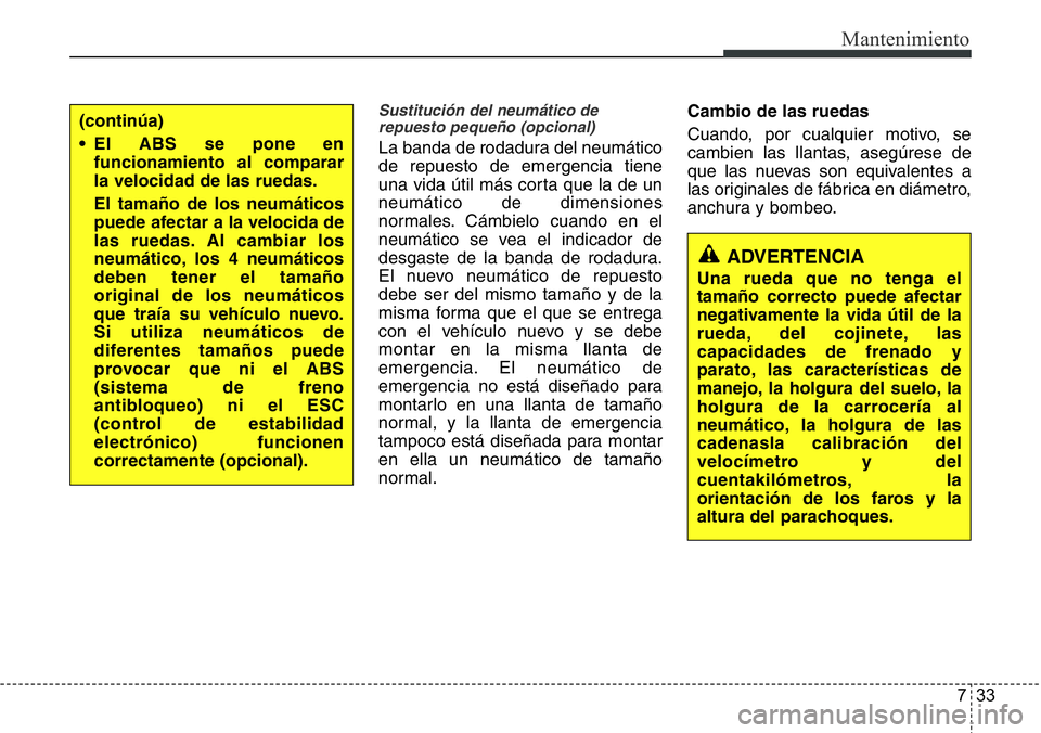 Hyundai Santa Fe 2015 Manual del propietario (in Spanish) 733
Mantenimiento
Sustitución del neumático de
repuesto pequeño (opcional)
La banda de rodadura del neumático
de repuesto de emergencia tiene
una vida útil más corta que la de un
neumático de d Hyundai Santa Fe 2015 Manual del propietario (in Spanish) 733
Mantenimiento
Sustitución del neumático de
repuesto pequeño (opcional)
La banda de rodadura del neumático
de repuesto de emergencia tiene
una vida útil más corta que la de un
neumático de d
