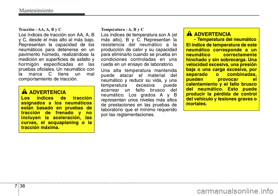 Hyundai Santa Fe 2015 Manual del propietario (in Spanish) Mantenimiento
38 7
Tracción - AA, A, B y C
Los índices de tracción son AA, A, B
y C, desde el más alto al más bajo.
Representan la capacidad de los
neumáticos para detenerse en un
pavimento hú Hyundai Santa Fe 2015 Manual del propietario (in Spanish) Mantenimiento
38 7
Tracción - AA, A, B y C
Los índices de tracción son AA, A, B
y C, desde el más alto al más bajo.
Representan la capacidad de los
neumáticos para detenerse en un
pavimento hú