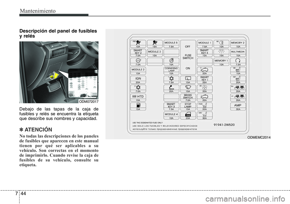 Hyundai Santa Fe 2015 Manual del propietario (in Spanish) Mantenimiento
44 7
Descripción del panel de fusibles
y relés
Debajo de las tapas de la caja de
fusibles y relés se encuentra la etiqueta
que describe sus nombres y capacidad.
✽ ATENCIÓN
No todas Hyundai Santa Fe 2015 Manual del propietario (in Spanish) Mantenimiento
44 7
Descripción del panel de fusibles
y relés
Debajo de las tapas de la caja de
fusibles y relés se encuentra la etiqueta
que describe sus nombres y capacidad.
✽ ATENCIÓN
No todas
