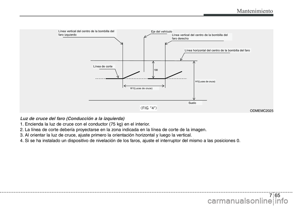 Hyundai Santa Fe 2015 Manual del propietario (in Spanish) 765
Mantenimiento
Luz de cruce del faro (Conducción a la izquierda)
1. Encienda la luz de cruce con el conductor (75 kg) en el interior.
2. La línea de corte debería proyectarse en la zona indicada Hyundai Santa Fe 2015 Manual del propietario (in Spanish) 765
Mantenimiento
Luz de cruce del faro (Conducción a la izquierda)
1. Encienda la luz de cruce con el conductor (75 kg) en el interior.
2. La línea de corte debería proyectarse en la zona indicada