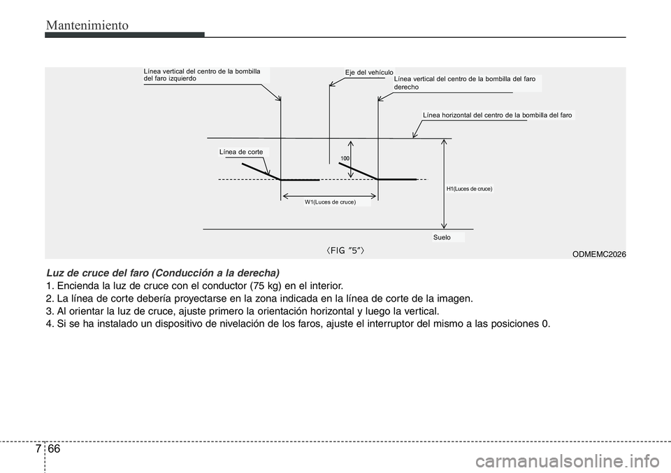 Hyundai Santa Fe 2015 Manual del propietario (in Spanish) Mantenimiento
66 7
Luz de cruce del faro (Conducción a la derecha)
1. Encienda la luz de cruce con el conductor (75 kg) en el interior.
2. La línea de corte debería proyectarse en la zona indicada Hyundai Santa Fe 2015 Manual del propietario (in Spanish) Mantenimiento
66 7
Luz de cruce del faro (Conducción a la derecha)
1. Encienda la luz de cruce con el conductor (75 kg) en el interior.
2. La línea de corte debería proyectarse en la zona indicada