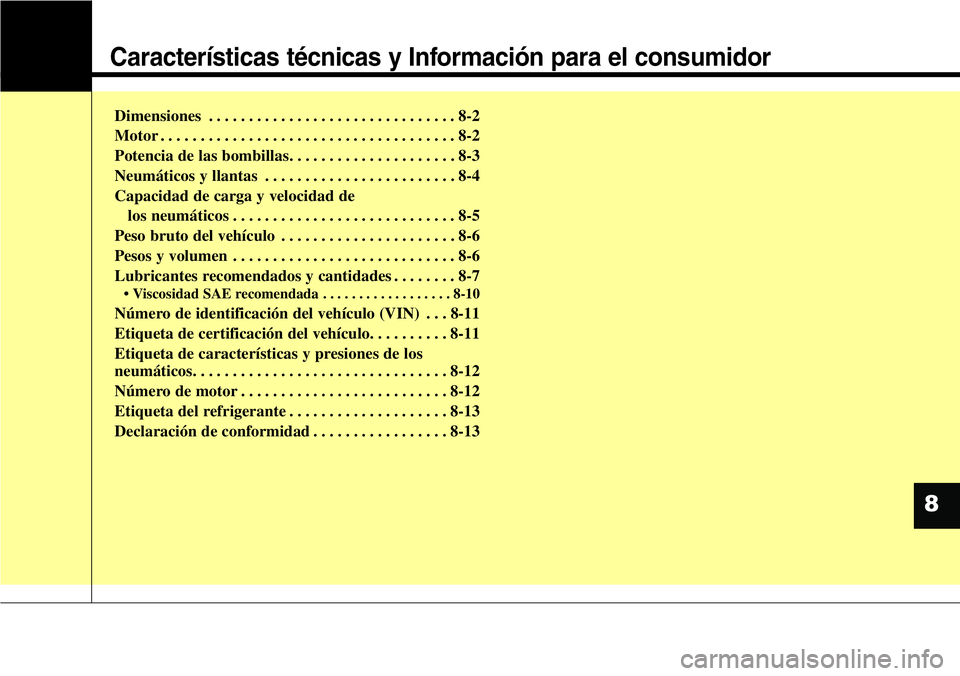 Hyundai Santa Fe 2015 Manual del propietario (in Spanish) Características técnicas y Información para el consumidor
Dimensiones . . . . . . . . . . . . . . . . . . . . . . . . . . . . . . . 8-2
Motor . . . . . . . . . . . . . . . . . . . . . . . . . . . . Hyundai Santa Fe 2015 Manual del propietario (in Spanish) Características técnicas y Información para el consumidor
Dimensiones . . . . . . . . . . . . . . . . . . . . . . . . . . . . . . . 8-2
Motor . . . . . . . . . . . . . . . . . . . . . . . . . . . .