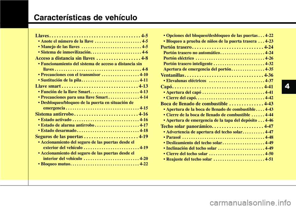 Hyundai Santa Fe 2015 Manual del propietario (in Spanish) Características de vehículo
Llaves . . . . . . . . . . . . . . . . . . . . . . . . . . . . . . . . . . . . . 4-5
• Anote el número de la llave . . . . . . . . . . . . . . . . . . . . . 4-5
• Ma Hyundai Santa Fe 2015 Manual del propietario (in Spanish) Características de vehículo
Llaves . . . . . . . . . . . . . . . . . . . . . . . . . . . . . . . . . . . . . 4-5
• Anote el número de la llave . . . . . . . . . . . . . . . . . . . . . 4-5
• Ma