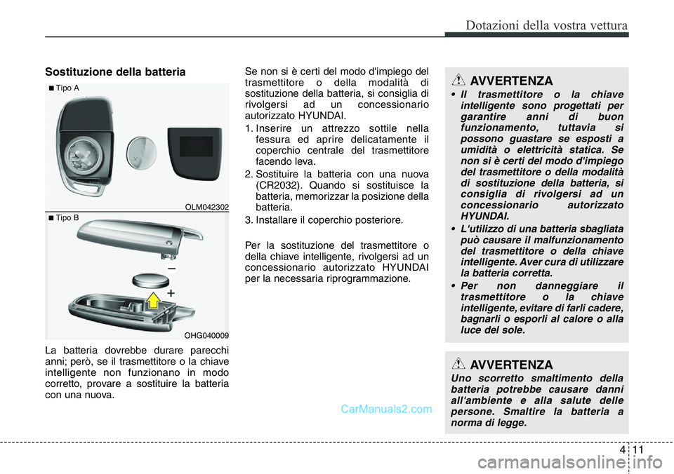 Hyundai Santa Fe 2015 Manuale del proprietario (in Italian) 411
Dotazioni della vostra vettura
Sostituzione della batteria
La batteria dovrebbe durare parecchi
anni; però, se il trasmettitore o la chiave
intelligente non funzionano in modo
corretto, provare a Hyundai Santa Fe 2015 Manuale del proprietario (in Italian) 411
Dotazioni della vostra vettura
Sostituzione della batteria
La batteria dovrebbe durare parecchi
anni; però, se il trasmettitore o la chiave
intelligente non funzionano in modo
corretto, provare a