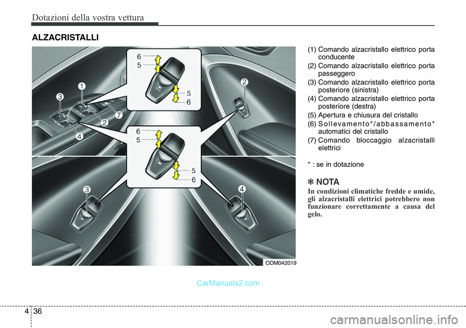 Hyundai Santa Fe 2015 Manuale del proprietario (in Italian) Dotazioni della vostra vettura
36 4
(1) Comando alzacristallo elettrico porta
conducente
(2) Comando alzacristallo elettrico porta
passeggero
(3) Comando alzacristallo elettrico porta
posteriore (sini Hyundai Santa Fe 2015 Manuale del proprietario (in Italian) Dotazioni della vostra vettura
36 4
(1) Comando alzacristallo elettrico porta
conducente
(2) Comando alzacristallo elettrico porta
passeggero
(3) Comando alzacristallo elettrico porta
posteriore (sini