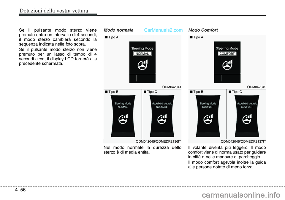 Hyundai Santa Fe 2015  Manuale del proprietario (in Italian) Dotazioni della vostra vettura
56 4
Se il pulsante modo sterzo viene
premuto entro un intervallo di 4 secondi,
il modo sterzo cambierà secondo la
sequenza indicata nelle foto sopra.
Se il pulsante mo