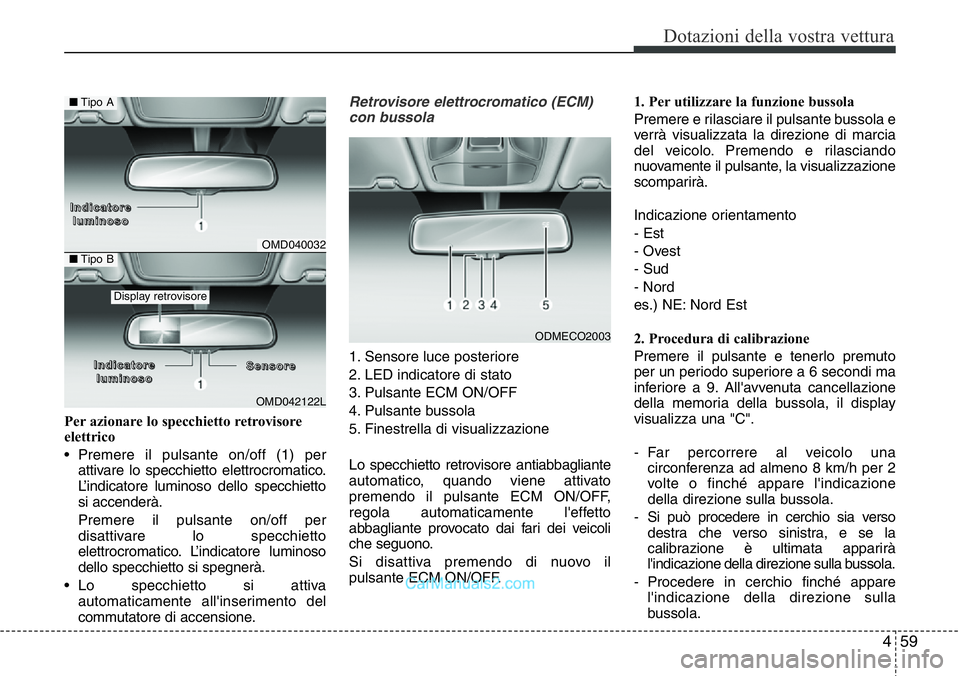 Hyundai Santa Fe 2015 Manuale del proprietario (in Italian) 459
Dotazioni della vostra vettura
Per azionare lo specchietto retrovisore
elettrico
• Premere il pulsante on/off (1) per
attivare lo specchietto elettrocromatico.
L’indicatore luminoso dello spec Hyundai Santa Fe 2015 Manuale del proprietario (in Italian) 459
Dotazioni della vostra vettura
Per azionare lo specchietto retrovisore
elettrico
• Premere il pulsante on/off (1) per
attivare lo specchietto elettrocromatico.
L’indicatore luminoso dello spec