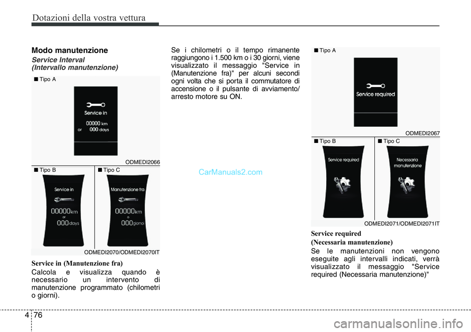 Hyundai Santa Fe 2015 Manuale del proprietario (in Italian) Dotazioni della vostra vettura
76 4
Modo manutenzione
Service Interval
(Intervallo manutenzione)
Service in (Manutenzione fra)
Calcola e visualizza quando è
necessario un intervento di
manutenzione Hyundai Santa Fe 2015 Manuale del proprietario (in Italian) Dotazioni della vostra vettura
76 4
Modo manutenzione
Service Interval
(Intervallo manutenzione)
Service in (Manutenzione fra)
Calcola e visualizza quando è
necessario un intervento di
manutenzione