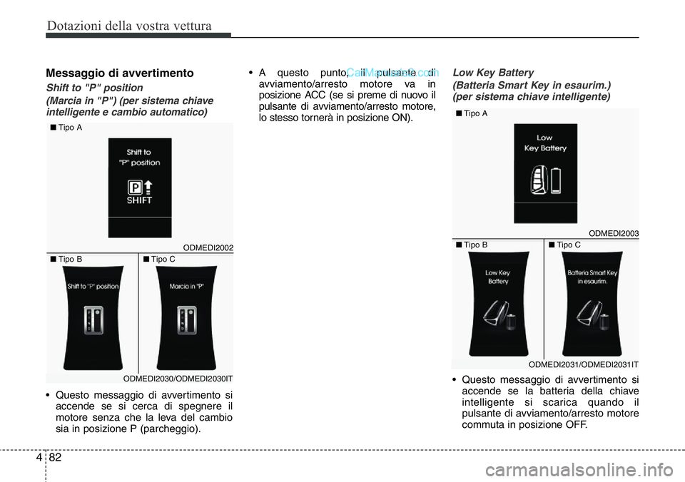 Hyundai Santa Fe 2015 Manuale del proprietario (in Italian) Dotazioni della vostra vettura
82 4
Messaggio di avvertimento
Shift to "P" position
(Marcia in "P") (per sistema chiave
intelligente e cambio automatico)
• Questo messaggio di avvert Hyundai Santa Fe 2015 Manuale del proprietario (in Italian) Dotazioni della vostra vettura
82 4
Messaggio di avvertimento
Shift to "P" position
(Marcia in "P") (per sistema chiave
intelligente e cambio automatico)
• Questo messaggio di avvert