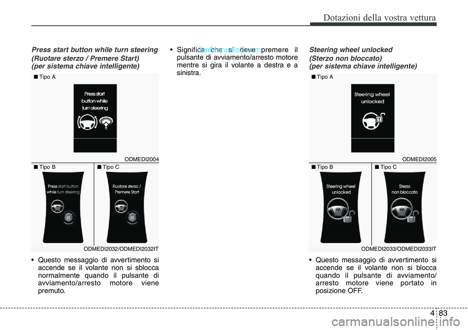 Hyundai Santa Fe 2015 Manuale del proprietario (in Italian) 483
Dotazioni della vostra vettura
Press start button while turn steering
(Ruotare sterzo / Premere Start)
(per sistema chiave intelligente)
• Questo messaggio di avvertimento si
accende se il vola Hyundai Santa Fe 2015 Manuale del proprietario (in Italian) 483
Dotazioni della vostra vettura
Press start button while turn steering
(Ruotare sterzo / Premere Start)
(per sistema chiave intelligente)
• Questo messaggio di avvertimento si
accende se il vola