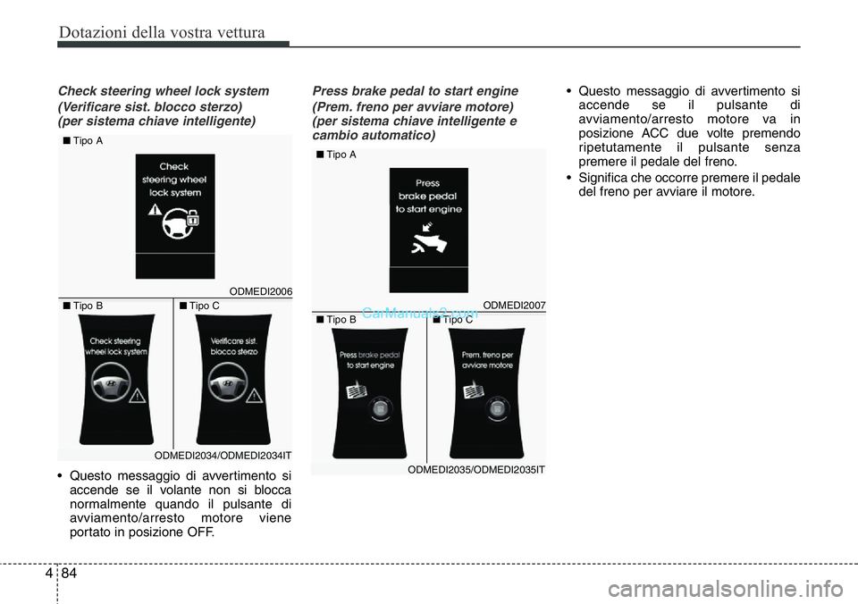 Hyundai Santa Fe 2015  Manuale del proprietario (in Italian) Dotazioni della vostra vettura
84 4
Check steering wheel lock system
(Verificare sist. blocco sterzo) 
(per sistema chiave intelligente)
• Questo messaggio di avvertimento si
accende se il volante n