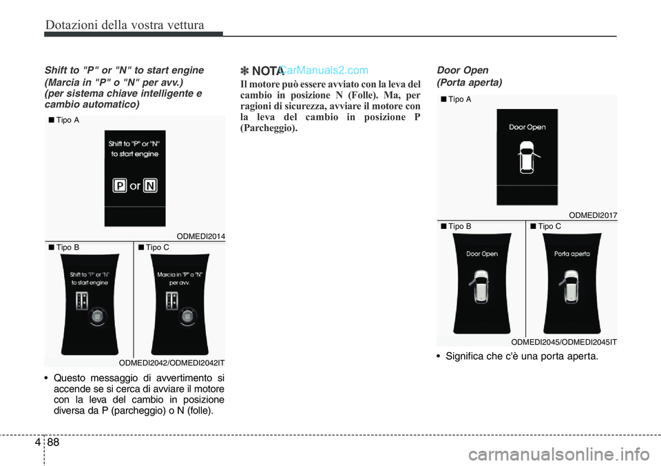 Hyundai Santa Fe 2015 Manuale del proprietario (in Italian) Dotazioni della vostra vettura
88 4
Shift to "P" or "N" to start engine
(Marcia in "P" o "N" per avv.)
(per sistema chiave intelligente e
cambio automatico)
• Questo Hyundai Santa Fe 2015 Manuale del proprietario (in Italian) Dotazioni della vostra vettura
88 4
Shift to "P" or "N" to start engine
(Marcia in "P" o "N" per avv.)
(per sistema chiave intelligente e
cambio automatico)
• Questo