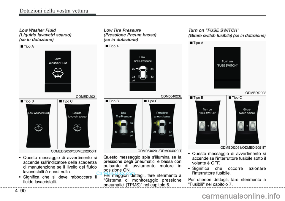 Hyundai Santa Fe 2015  Manuale del proprietario (in Italian) Dotazioni della vostra vettura
90 4
Low Washer  Fluid 
(Liquido lavavetri scarso) 
(se in dotazione)
• Questo messaggio di avvertimento si
accende sull'indicatore della scadenza
di manutenzione 