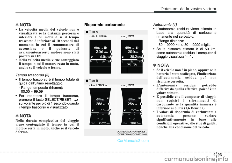 Hyundai Santa Fe 2015 Manuale del proprietario (in Italian) 493
Dotazioni della vostra vettura
✽NOTA
• La velocità media del veicolo non è
visualizzata se la distanza percorsa è
inferiore a 50 metri o se il tempo
trascorso è inferiore ai 10 secondi dal Hyundai Santa Fe 2015 Manuale del proprietario (in Italian) 493
Dotazioni della vostra vettura
✽NOTA
• La velocità media del veicolo non è
visualizzata se la distanza percorsa è
inferiore a 50 metri o se il tempo
trascorso è inferiore ai 10 secondi dal