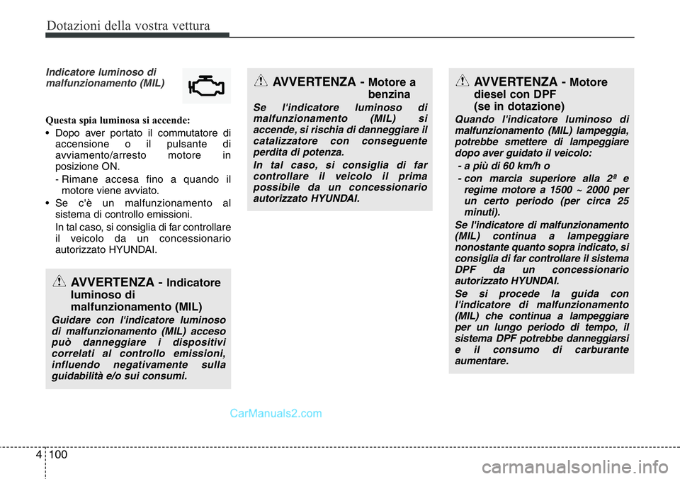 Hyundai Santa Fe 2015 Manuale del proprietario (in Italian) Dotazioni della vostra vettura
100 4
Indicatore luminoso di
malfunzionamento (MIL)
Questa spia luminosa si accende:
• Dopo aver portato il commutatore di
accensione o il pulsante di
avviamento/arres Hyundai Santa Fe 2015 Manuale del proprietario (in Italian) Dotazioni della vostra vettura
100 4
Indicatore luminoso di
malfunzionamento (MIL)
Questa spia luminosa si accende:
• Dopo aver portato il commutatore di
accensione o il pulsante di
avviamento/arres