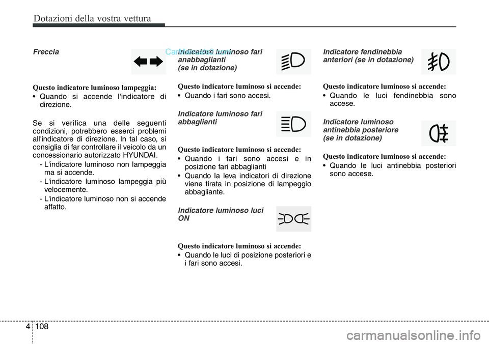 Hyundai Santa Fe 2015 Manuale del proprietario (in Italian) Dotazioni della vostra vettura
108 4
Freccia
Questo indicatore luminoso lampeggia:
• Quando si accende l'indicatore di
direzione.
Se si verifica una delle seguenti
condizioni, potrebbero esserci Hyundai Santa Fe 2015 Manuale del proprietario (in Italian) Dotazioni della vostra vettura
108 4
Freccia
Questo indicatore luminoso lampeggia:
• Quando si accende l'indicatore di
direzione.
Se si verifica una delle seguenti
condizioni, potrebbero esserci