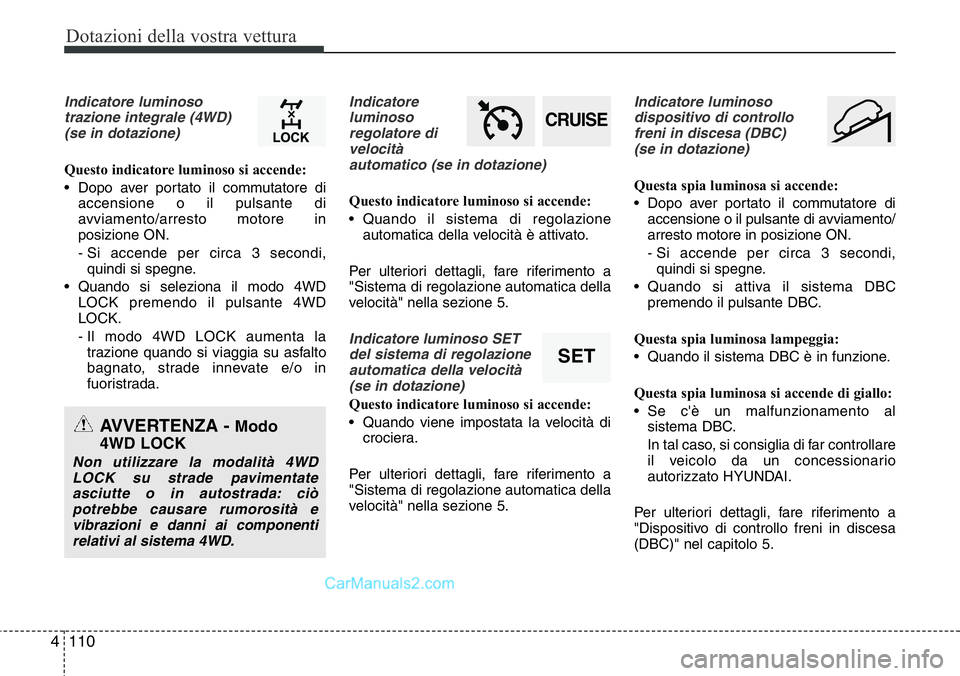 Hyundai Santa Fe 2015 Manuale del proprietario (in Italian) Dotazioni della vostra vettura
110 4
Indicatore luminoso
trazione integrale (4WD)
(se in dotazione)
Questo indicatore luminoso si accende:
• Dopo aver portato il commutatore di
accensione o il pulsa Hyundai Santa Fe 2015 Manuale del proprietario (in Italian) Dotazioni della vostra vettura
110 4
Indicatore luminoso
trazione integrale (4WD)
(se in dotazione)
Questo indicatore luminoso si accende:
• Dopo aver portato il commutatore di
accensione o il pulsa