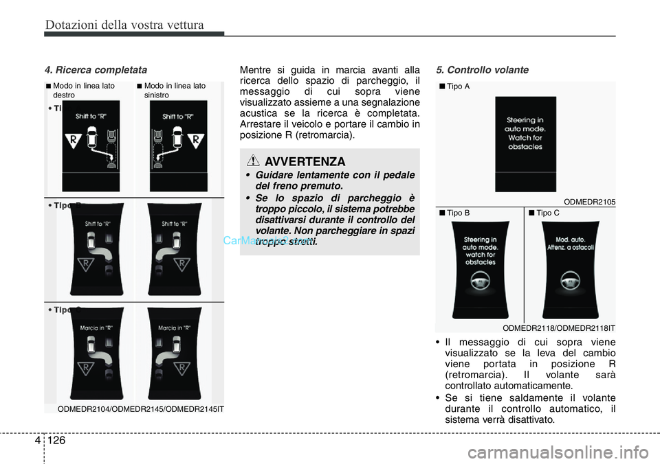 Hyundai Santa Fe 2015 Manuale del proprietario (in Italian) Dotazioni della vostra vettura
126 4
4. Ricerca completata Mentre si guida in marcia avanti alla
ricerca dello spazio di parcheggio, il
messaggio di cui sopra viene
visualizzato assieme a una segnalaz Hyundai Santa Fe 2015 Manuale del proprietario (in Italian) Dotazioni della vostra vettura
126 4
4. Ricerca completata Mentre si guida in marcia avanti alla
ricerca dello spazio di parcheggio, il
messaggio di cui sopra viene
visualizzato assieme a una segnalaz